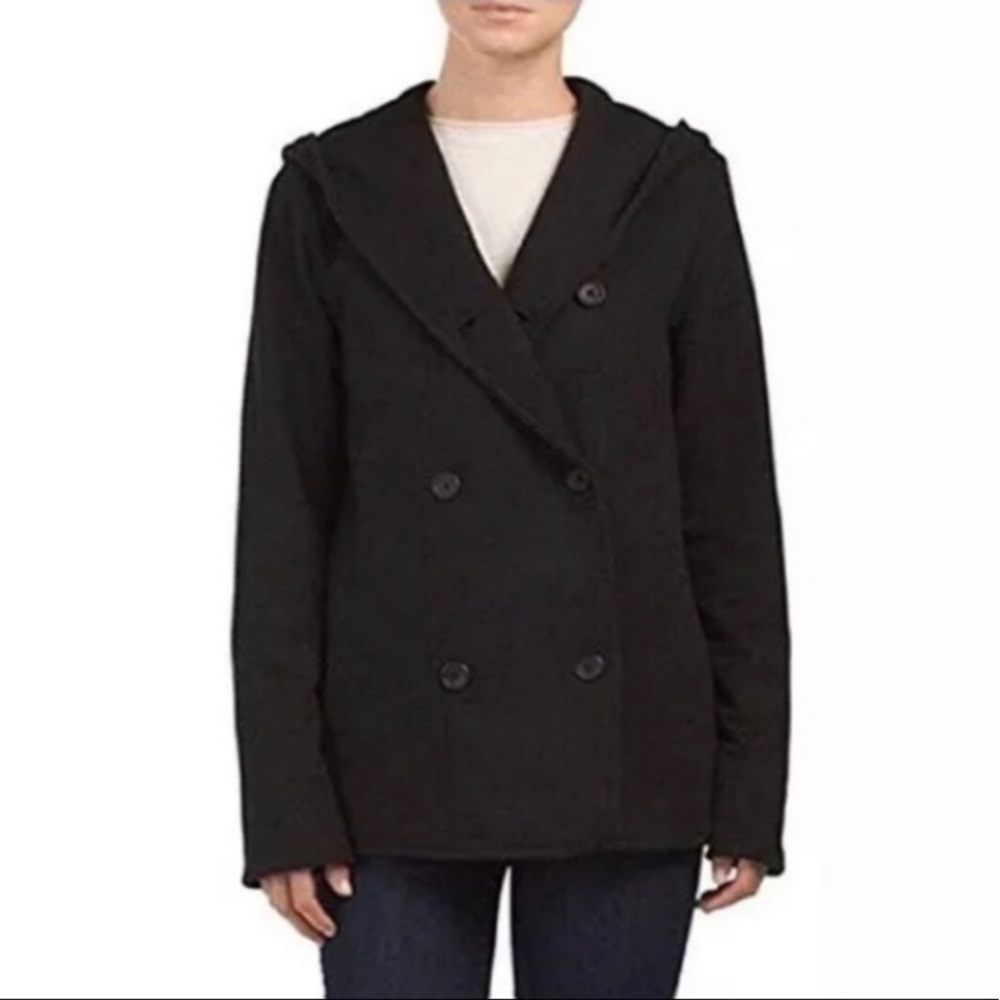 James Perse Black Double Breasted Pea Coat Hooded